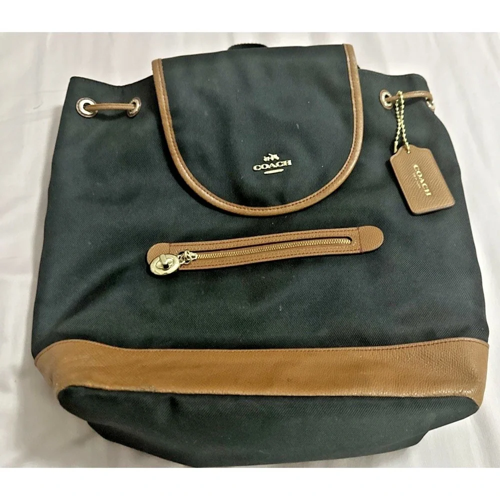 Coach Sawyer Backpack Black Canvas Brown Leather Trim F37240